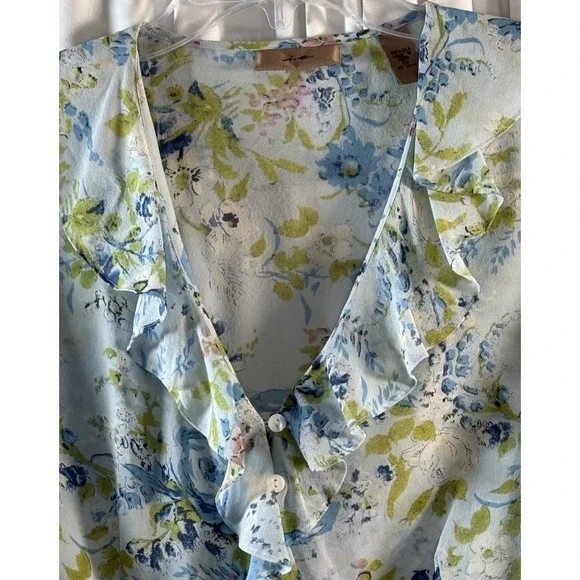 I.E.‎ Blue Green Floral Silk Ruffle V-Neck Button Down Top 10 Cottagecore 79-42 - Picture 12 of 14